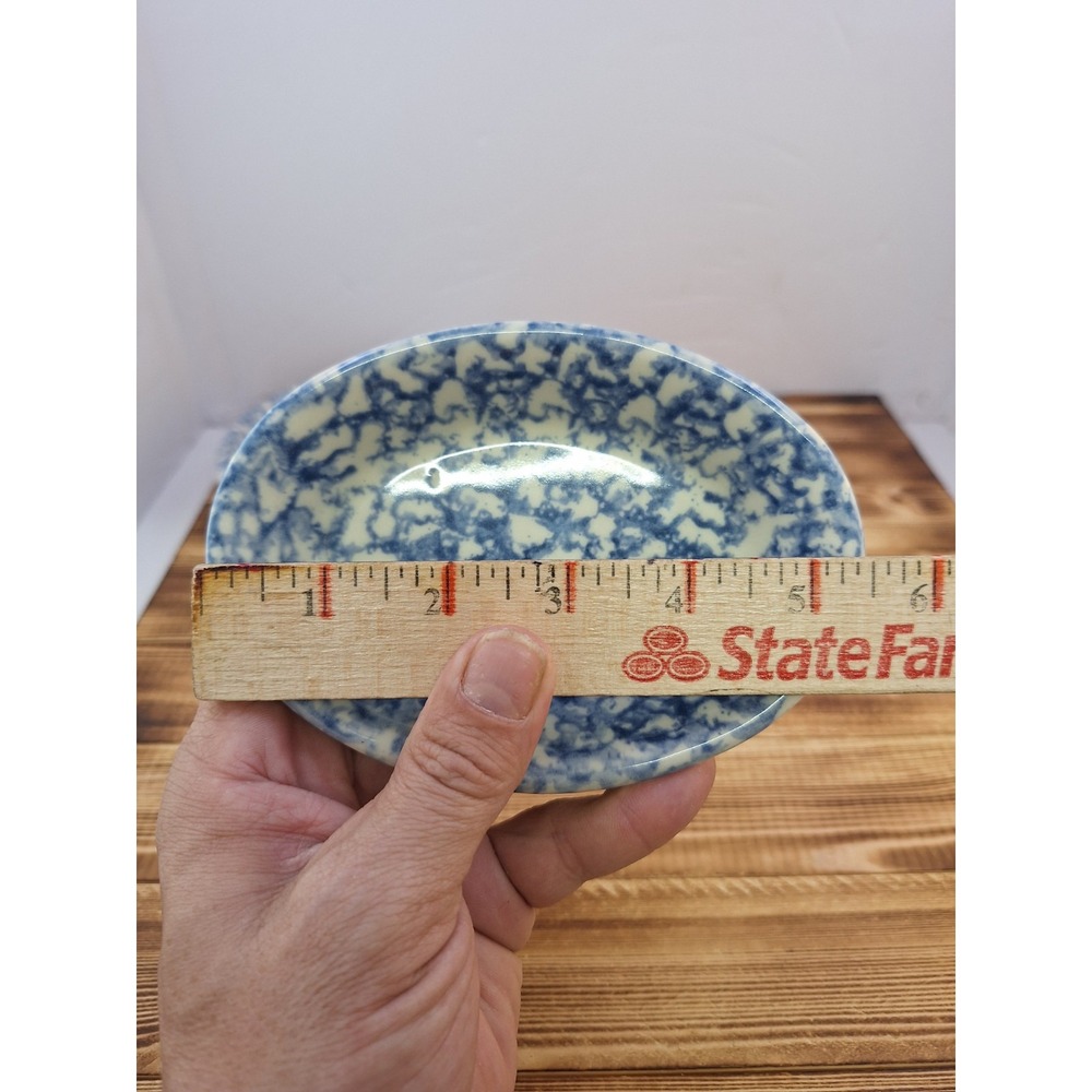 x2 Bel-Terr China BTC USA Blue Spongeware Pottery Circle 92187 Oval 9700 Lot Set - Picture 7 of 10